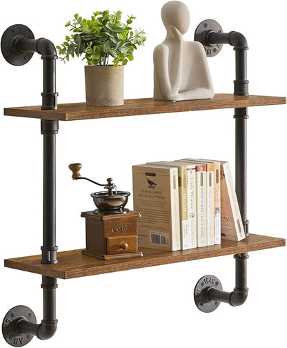 YMYNY Industrial Pipe Shelf Bracket, 2 Tiers Retro Wall Mounted Floating Shelf, Wood DIY Bookshelf, Storage Shelves for Living Room, Bedroom, 24" Farmhouse Bathroom Shelving, HD-UHRF-TM004