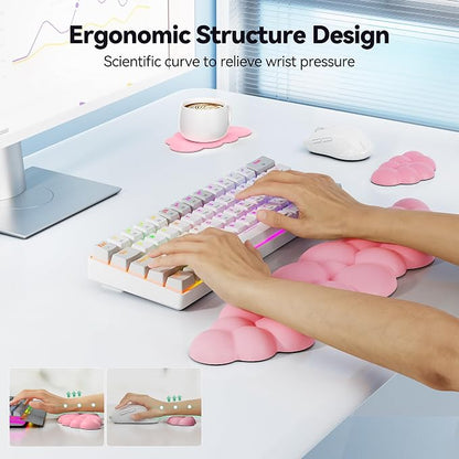 TECKNET Cloud Keyboard Wrist Rest Set, Cloud Wrist Rest with Non-Slip Base, PU Leather Wrist Pad for Keyboard with Ergonomic Memory Foam for Computer Laptop Office Gaming and Pain Relief, Dark Pink
