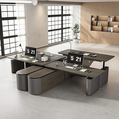 94.5" Reversible L-Shaped Adjustable Height Executive Desk with Oval Storage Cabinet - Black/Brown Standing Desk, Rounded Corners, 3 Drawers & 2 Door Compartments, Flexible Home & Office Workstation
