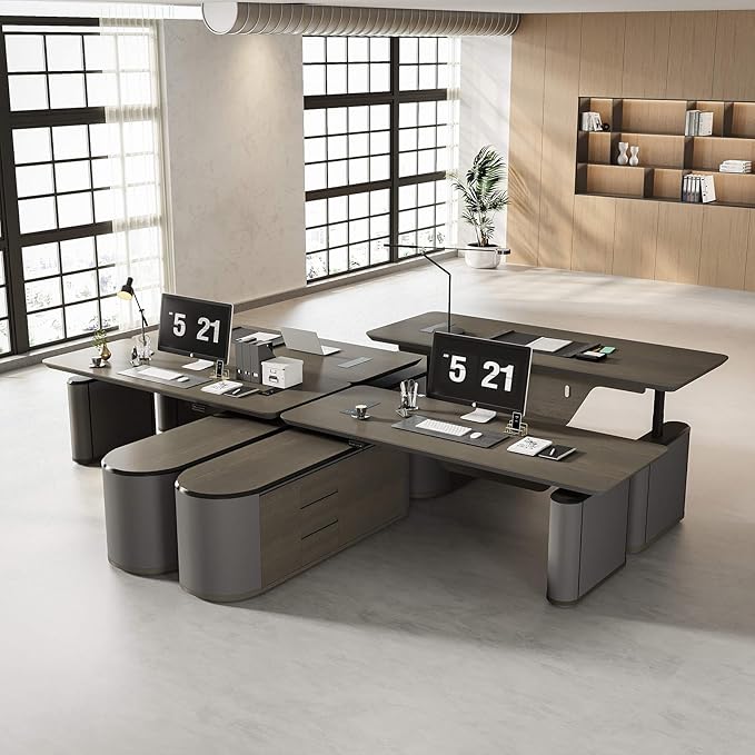 86.6" Reversible L-Shaped Adjustable Height Executive Desk with Oval Storage Cabinet - Black/Brown Standing Desk, Rounded Corners, 3 Drawers & 2 Door Compartments, Flexible Home & Office Workstation
