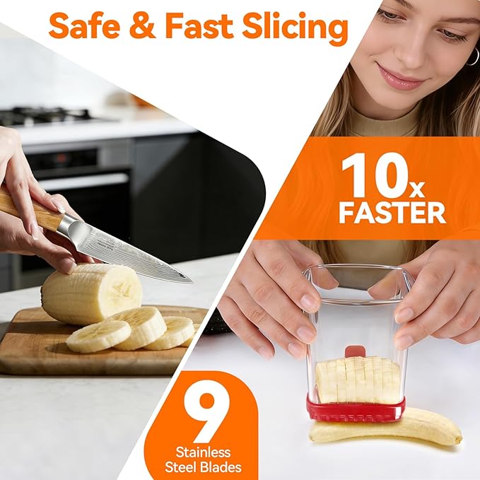 Fruit Slicer Cup for Strawberry, Banana, Hard-Boiled Egg - Detachable Cutter with Push Plate - Rapid & Safe Slicing Kitchen Gadget for Quick Meal Prep (Red)