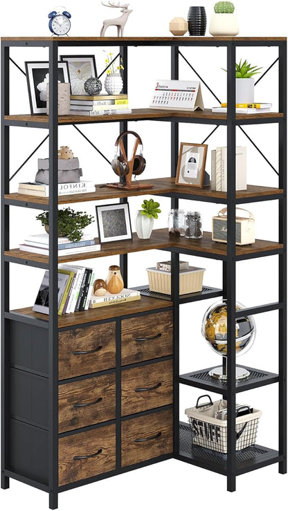 HAUOMS Corner Bookshelf, 7-Tier Industrial Convertible Book Shelf with 6 Fabric Drawers, Corner Bookcase Freestanding Display Shelf for Living Room, Kitchen, Home Office, Rustic Brown