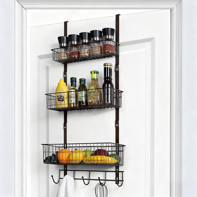 ETELI Over the Door Basket Organizer 3 Tier Hanging Basket Door Shelf Rack Heavy Duty Over Door Pantry Organizer with 3 Metal Baskets for Kitchen Bathroom Bedroom Living Room, Dark Brown
