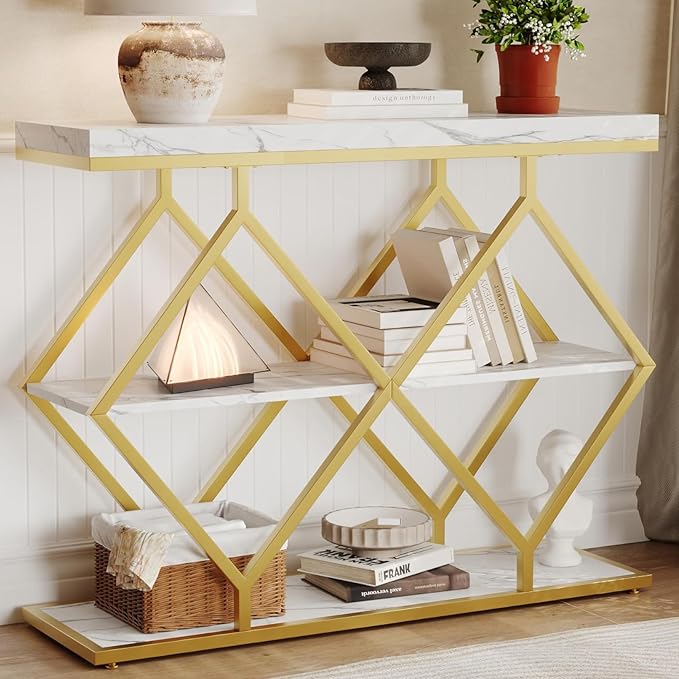 Garvee 3-Tier Entryway Table, Industrial Console Sofa Table with Storage, Accent Table with Open Shelves, Diamond-Shaped Gold Metal Frame, Foyer Table for Entryway, Hallway, Foyer, Living Room, White