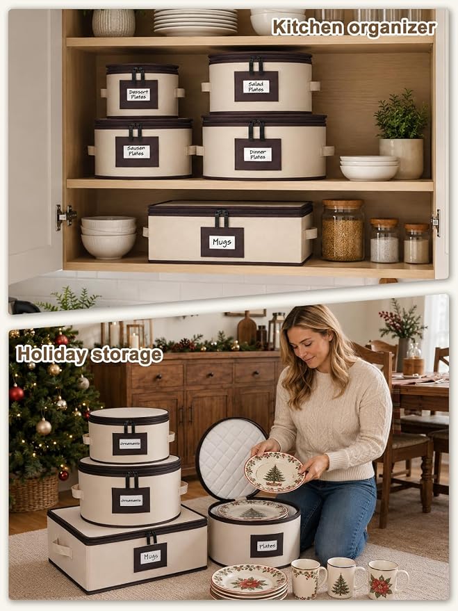 punemi Fine China Storage Containers With Dividers, Quilted Dish Storage Protectors With Hard Shell, Stackable Mug Storage Organizer For Moving & Dinnerware Plate Packing Supplies, Beige, 5-Piece Set