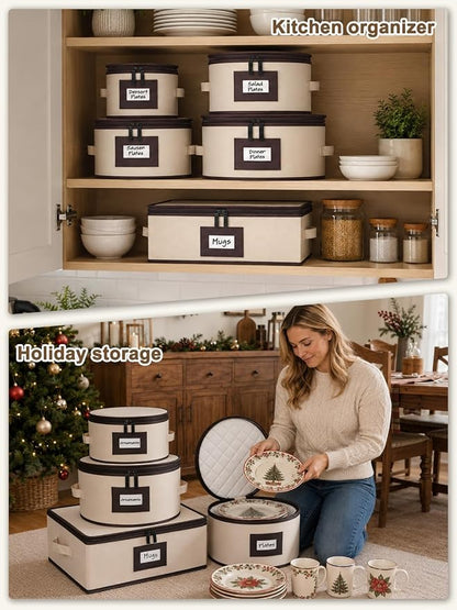 punemi Fine China Storage Containers With Dividers, Quilted Dish Storage Protectors With Hard Shell, Stackable Mug Storage Organizer For Moving & Dinnerware Plate Packing Supplies, Beige, 5-Piece Set