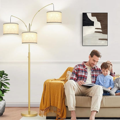 Nintiue Dimmable Floor Lamp - 3 Lights Gold Arc Floor Lamps for Living Room, 1000LM Modern Tall Standing Lamp with White Shades, Mid Century Tree Floor Lamp for Bedroom Office, 3 LED Bulbs Included