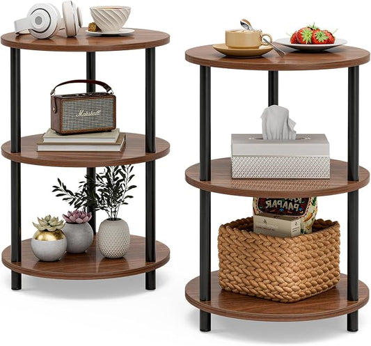 XBurmo Small Round End Table - 3 Tier Design Accent Table, Narrow Side or Bedside Stand, Industrial Vintage Nightstand for Bedroom, Living Room, or Small Spaces, Set of 2, Rustic Walnut