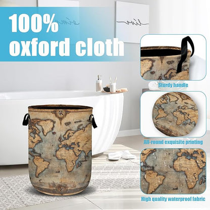 Antique World Map Laundry Basket, Laundry Hamper Collapsible Oxford Cloth with Handle Clothes Toy Storage Bin for Bathroom Laundry Room Bedroom 15.7 X 20 Inch