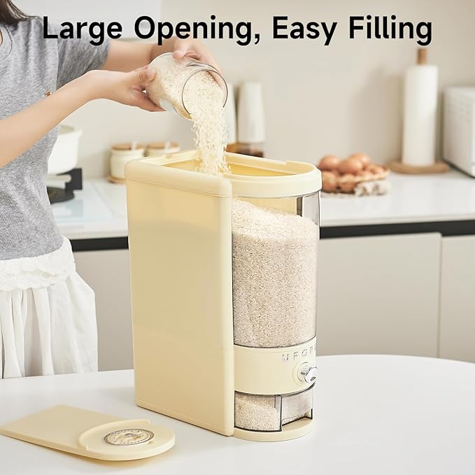 UFORU Rice Dispenser 10 lbs | Large Rice Storage Container for Kitchen&Pantry - Space-saving, Moisture & Pest-proof, BPA-Free - Dry Food Dispenser with One-Touch Dispenser & Measuring Cup for Families