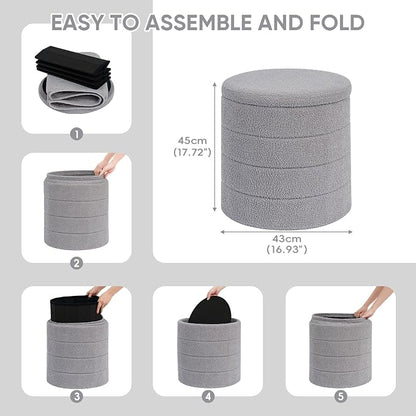 PINPLUS Round Storage Ottoman Foot Rest Stool with Tray Velvet Sherpa Folding Storage Ottoman,Boucle Foot Rest for Living Room, Bedroom, Dorm, Dorm,Grey Color