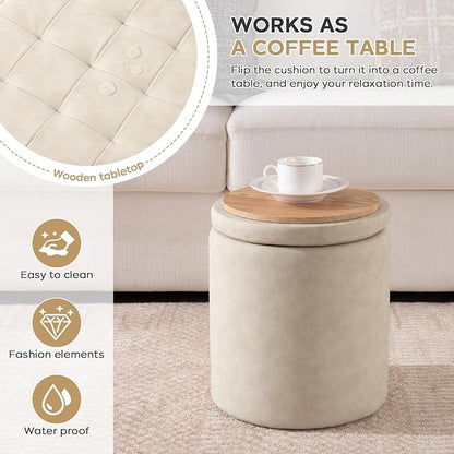 oakvivo Faux Leather Round Ottoman with Storage 12.6" W x 14.17" H & 14.76" W x 17.32" H Set of 2, Small Boucle Coffee Table Footstool with Removable Lid for Living Room, Bedroom, Beige