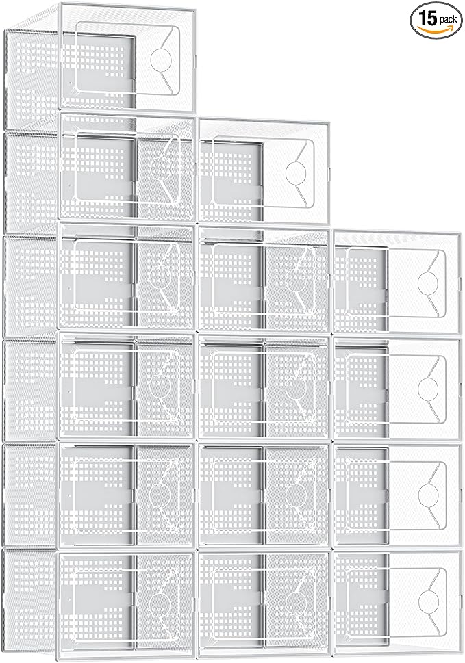 Sweetcrispy Shoe Storage Boxes, Clear Plastic Stackable Shoe Rack Organizer with Lids for Closet, Foldable Sneaker Container, Under Bed and Entryway, 15 Pack, Clear White