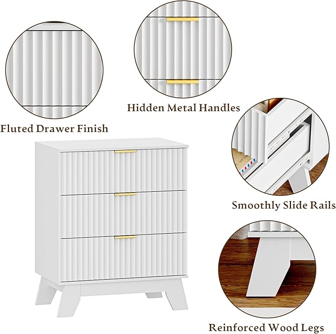 Fluted 3 Drawer Dresser for Bedroom, Mid Century Modern Beside Table with Metal Handle, Wooden Nightstand with 6 Drawers End Table for Living Room, Closet, Entryway, White