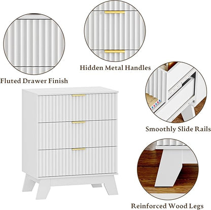 Fluted 3 Drawer Dresser for Bedroom, Mid Century Modern Beside Table with Metal Handle, Wooden Nightstand with 6 Drawers End Table for Living Room, Closet, Entryway, White