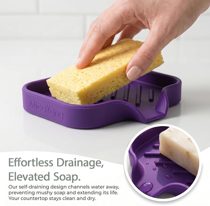 MicoYang Silicone Soap Dish with Drain Spout, Self-Draining Sink Organizer Tray for Bathroom and Kitchen, Sponges, Dispensers and Soap Holder, Non-Slip and Dishwasher Safe, Purple (Compact, 4.9"×3.2")