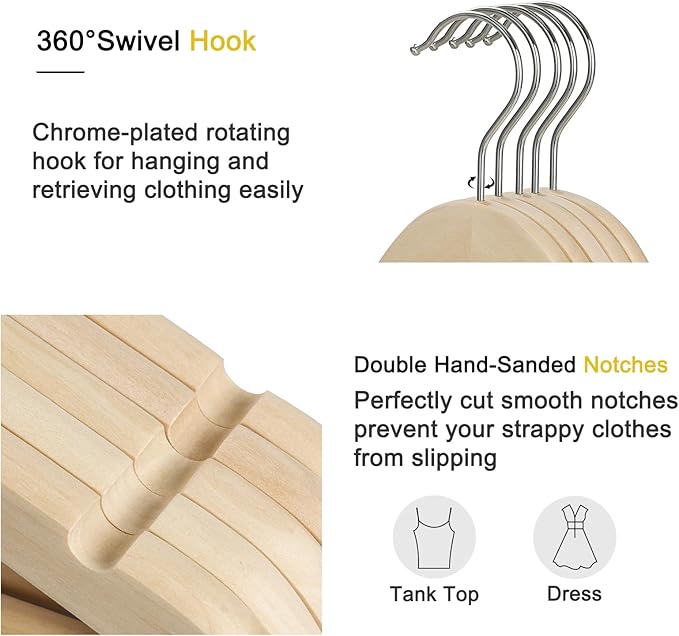 TOPIA HANGER Unfinished Natural Wooden Hangers 18 Pack-360° Swivel Hook and Smoothly Cut Shoulder Notches-Premium Wood Clothes Hangers for Suit, Coat, Jacket, Pant, Camisole-CT10N