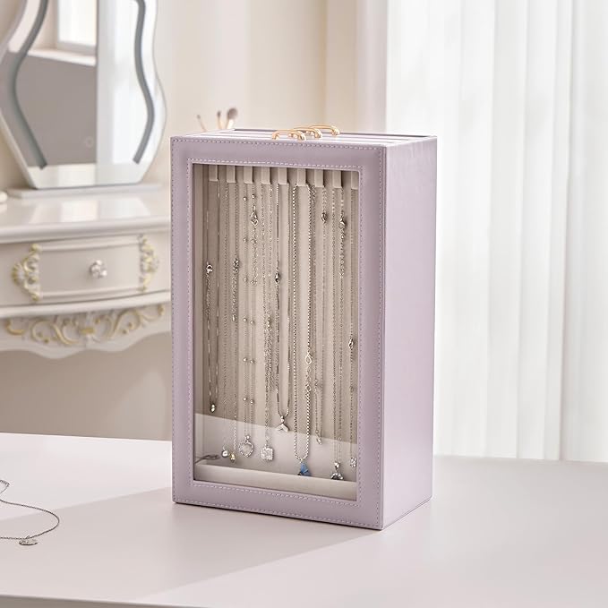 Lolalet Necklace Organizer Box, Jewelry Storage Box with Clear Window for Necklaces Bracelets, Tangle-Free Necklace Display Case for Women Girls, Dusty Purple, 3 Layers 30 Hooks