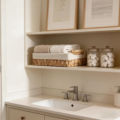 Baskets for Organizing, Set of 2 Natural Water Hyacinth Bathroom Countertop Baskets with Liner, Wicker Basket Organizer with Wooden Handles for Vanity, Counter, Shelf Storage