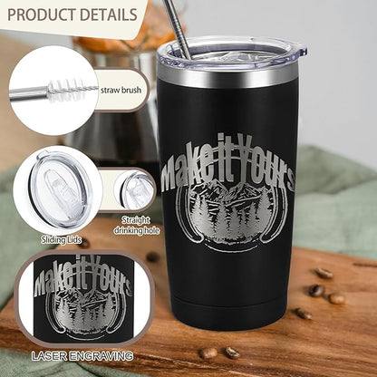 YOUKE OLA 20 Pack Stainless Steel Tumbler Bulk Insulated Vacuum Travel Mug with Straws Powder Coated Coffee Mug Gift for Laser Engrave, 20oz Black