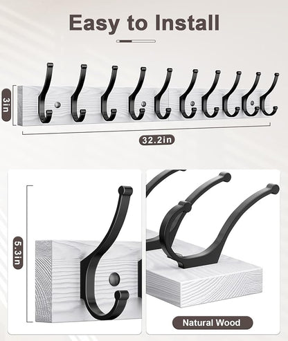 Optish 2 Pack Wooden Coat Rack Wall Mount, 16.1" Rustic Coat Hanger Hooks with 10 Double Hooks, Wall Coat Rack for Hat, Clothes, Bags, Jacket, Brown, White