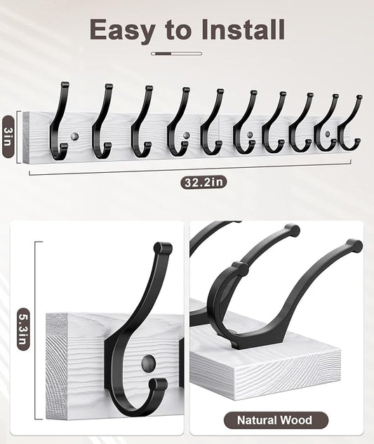 Optish 2 Pack Wooden Coat Rack Wall Mount, 16.1" Rustic Coat Hanger Hooks with 10 Double Hooks, Wall Coat Rack for Hat, Clothes, Bags, Jacket, Brown, White