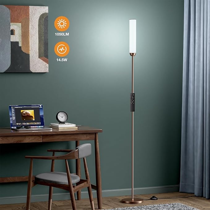 Ambimall LED Floor Lamp with Remote Control, 65" Standing lamp with Stepless Adjustable 3000K-6500K Colors & 30-100% Brightness, Foot Switch(Brown)