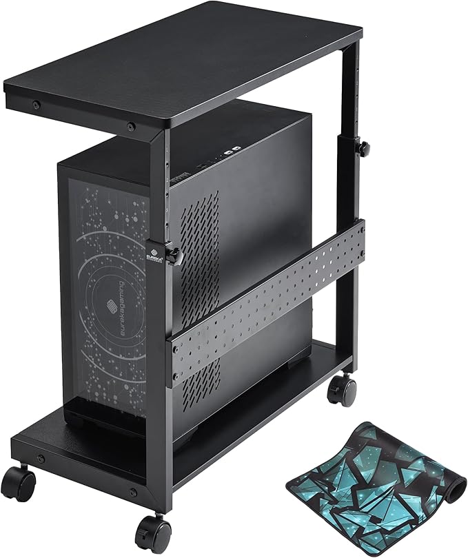EUREKA ERGONOMIC PC Stand Computer Cart, Height Adjustable Tower Stand 2-Tier Suit for ATX Case Printer, Metal Rolling Cart on Wheels for Gaming Home Office, Carbon Fiber,Home Office Organization