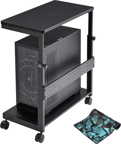 EUREKA ERGONOMIC PC Stand Computer Cart, Height Adjustable Tower Stand 2-Tier Suit for ATX Case Printer, Metal Rolling Cart on Wheels for Gaming Home Office, Carbon Fiber,Home Office Organization