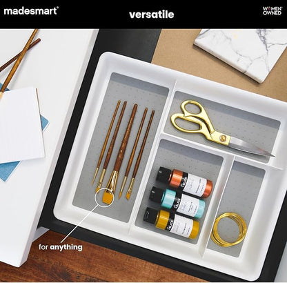 madesmart 4 Compartment Drawer Organizer, Multi Purpose Storage for Utensils, Office Tools, Cords, & Small Household Items, Tech Accessories, Arts & Crafts Supplies, Non Slip Lining, White