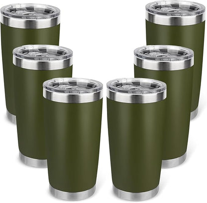 20oz Stainless Steel Tumbler Bulk with Lid, Travel Mug - Double Wall Vacuum Powder Coated Cup - Army Green, 6 Pack