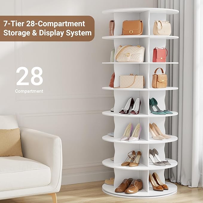 7-Tier Rotating Standing Shelf Unit with Dividers, 360° Storage Display Tower Vertical Floor Organizer, for Bedroom, Closet, Entryway & Office, Ideal for Shoes, Cosmetics & Handbags, White