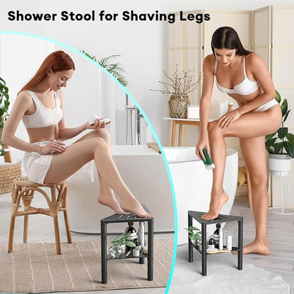 Shower Stool for Shaving Legs, Shower Step Stool for Inside Shower, Non-Slip Spa Shower Foot Rest Stool, Corner Bathroom Shower Bench Bath Seat with Storage Shelf for Small Shower Spaces