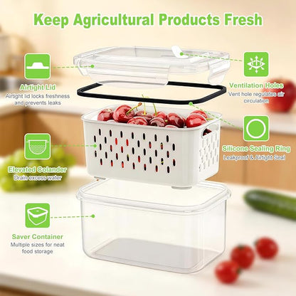 8-Piece Fruit Storage Containers for Fridge, BPA Free Plastic, Airtight with Vent Holes and Removable Colander, Refrigerator Organizer for Vegetables, Meat, Berry