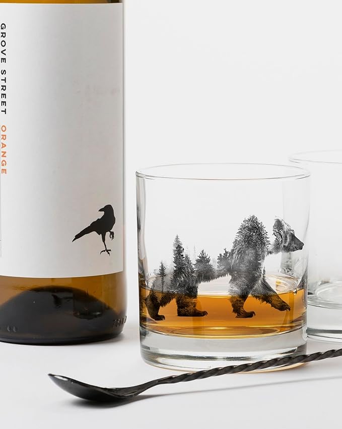 Black Lantern Nature and Animal Themed Whiskey Glass Set 11oz Premium Heavy Base Glasses for Outdoor Enthusiasts Set of 2 Everyday Drinking Glasses (Double Exposure Bear)