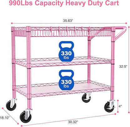 WDT Pink Rolling Utility Cart with Wheels, 990Lbs Heavy Duty Metal Cart with Handle & Shelf Liners, NSF Certified 3-Tier Storage Trolley for Esthetician, Kitchen, Salon & Craft Room, Pink