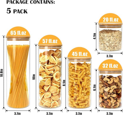 Airtight Glass Jars with Bamboo Lids, Glass Food Storage Containers Set - Set of 5 Kitchen Canisters for Sugar, Candy, Cookie, Rice and Spice Jars