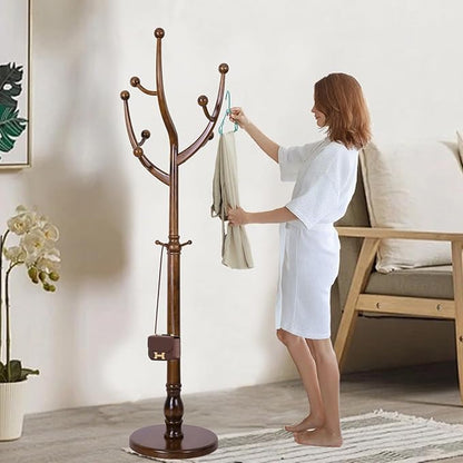 Solid Wooden Coat Rack Stand, Coat Racks Freestanding with 11 Hooks, Natural Birch Wood Coat stands with Sturdy Round Base, Tree Coat Hanger Standing for Entryway Bedroom Office (Tree Design1)