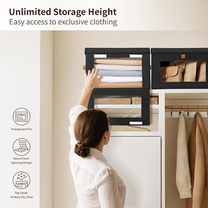 Homsorout Collapsible Storage Bins - Large Stackable Organizer Bins, Decorative Boxes with Handles & Window, Fabric Containers for Living Room, Closet, Dorm, 2 Pack, Black