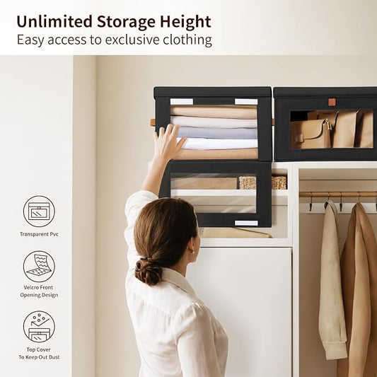 Homsorout Large Closet Storage Bins - Collapsible Clothes Organizer with Handles & Window, Decorative Boxes with Lids, Linen Closet Organizers for Living Room, Dorm, 8 Pack, Black