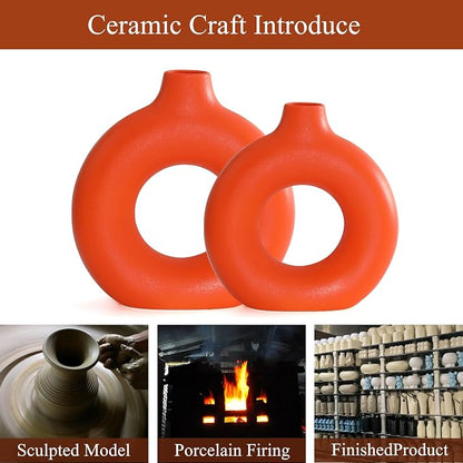 Orange Ceramic Donut Vase Set of 2, Hollow Round Matte Pampas Flower Vases for Boho Home Wedding Party Room Dinner Table Shelf Decor.（Orange）