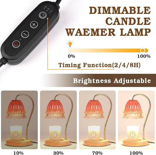 Funistree Flower Candle Warmer Lamp with Timer, Dimmable Candle Lamp Warmer, Christmas Birthday Gifts for Women Mom Her, Housewarming Home Decor, Lotus Wax Warmer for Yankee Candles - Pink Flower