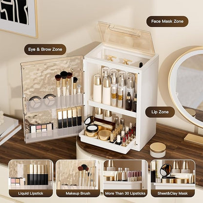 Makeup Organizer with Drawers and Lid, Large Skincare Organizer for Vanity, Dustproof Cosmetic Organizer and Makeup Storage Box with Brush Holder for Dresser, Bathroom Countertop