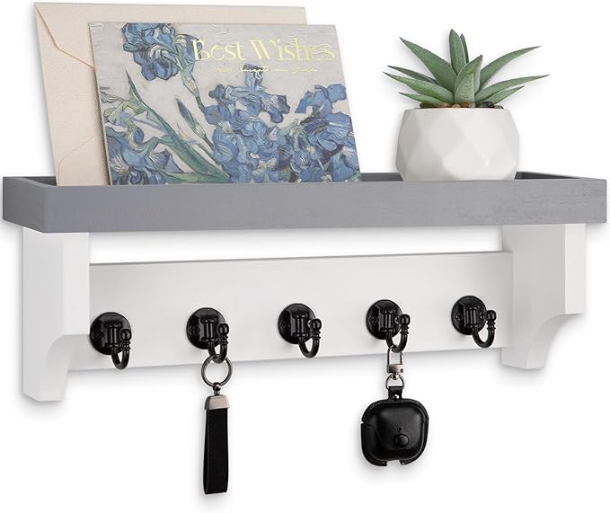 Key and Mail Holder Wall Mount, Key Holder with Shelf and Mail Organizer Wall Mount. Mail Holder with 5 Hooks for Coat, Dog Leash, Home Decor Rack, Entry Way Organizer (Gray & White)
