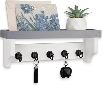 Key and Mail Holder Wall Mount, Key Holder with Shelf and Mail Organizer Wall Mount. Mail Holder with 5 Hooks for Coat, Dog Leash, Home Decor Rack, Entry Way Organizer (Gray & White)