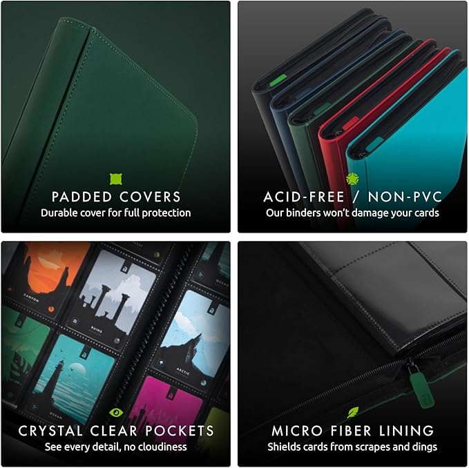 Vault X 4 Pocket Zip Binder, 160 Cards, Exo-Tec Material, 20 Side-Loading Pages (Green)