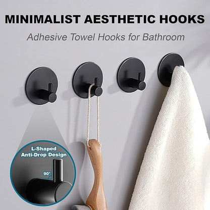 Towel Hooks for Bathroom (4 Pack) Adhesive Towel Hook Shower Hooks for Inside Shower - Sticky Bathroom Wall Hooks for Hanging Towels, Robe, Loofah, Bath Sponge - Matte Black Towel Hooks
