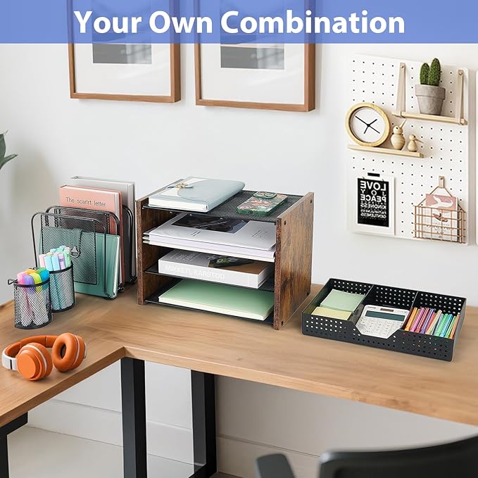 AUPSEN Desk Organizer Shelf, 4-Tier Mesh Wood Desktop Bookshelf File Organizer with 5 Vertical File Holders, Storage Drawer & 2 Pen Holders, Office Supplies Storage for Workspace Organizers