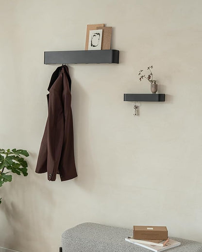 Kazai.® Coat Rack Wall Mount with Shelf 'Tone' | Modern Design Coat Hanger with Hidden Hooks and Storage | Hat Rack with Shelf in Metal | Wall-Mounted Purse Organizer | Black