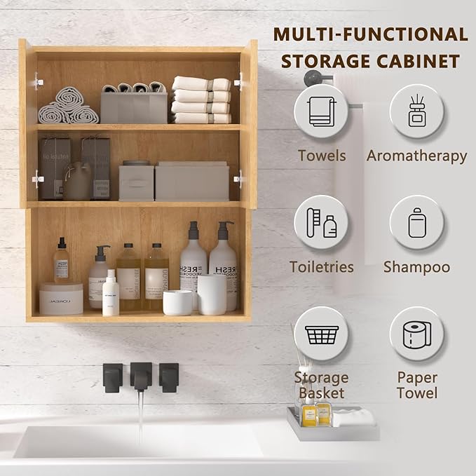 Fluted Bathroom Wall Cabinet Over The Toilet Storage,Wall Mounted Cabinet with Adjustable Shelf,Floating Cabinet Organizer Hanging Cabinet,Kitchen and Laundry Room Cabinets (Oak, 1 PC)